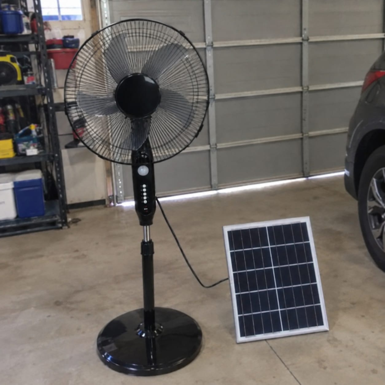Customer photo review of Solar Powered Pedestal Fan | Lithium Battery, Black/Blue | Camping & Caravan