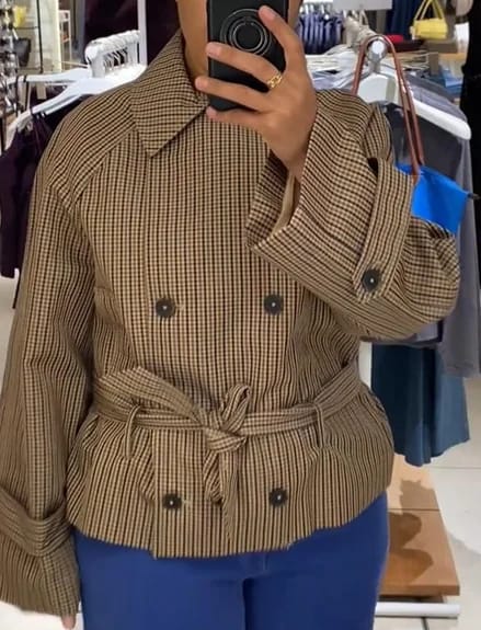 Customer photo review of Erica Plaid Belted Trench Coat