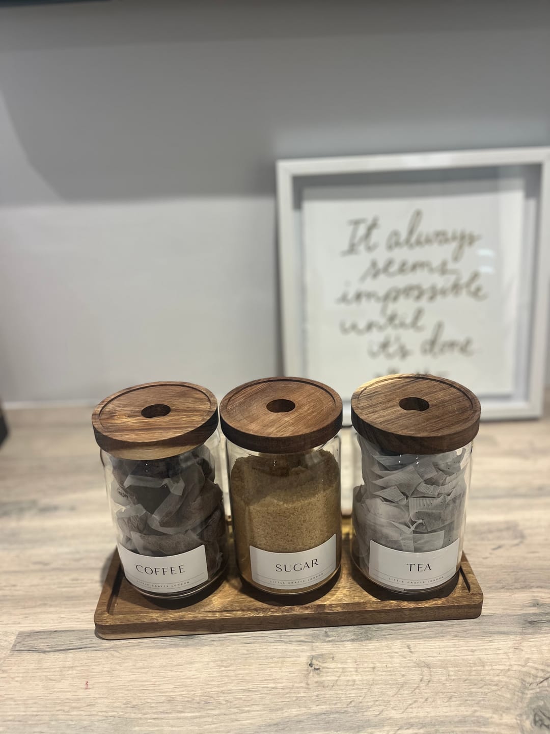 Customer photo review of Set of 3 Acacia Glass Jars Tea, Coffee and Sugar 750 ML & Rectangle Tray [LABEL SLIM]