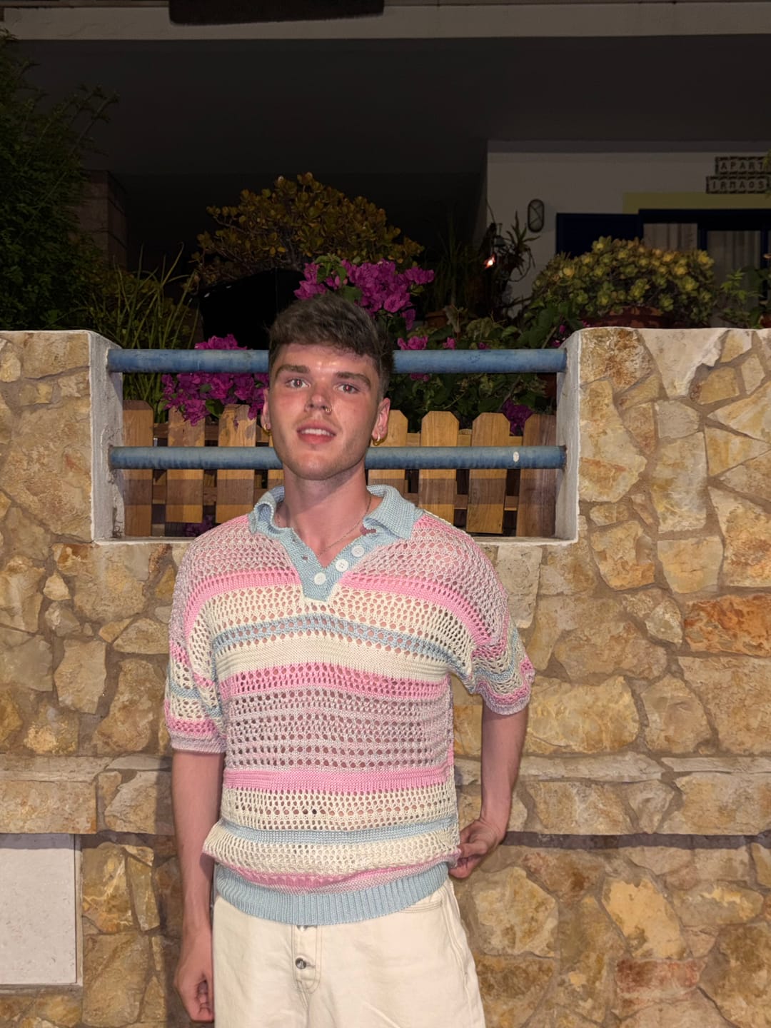 Customer photo review of Pastel Striped Crochet Knit Short Sleeve Polo Shirt