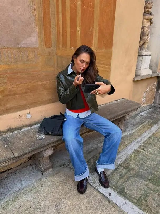 Customer photo review of Svea Crocodile Embossed Leather Jacket