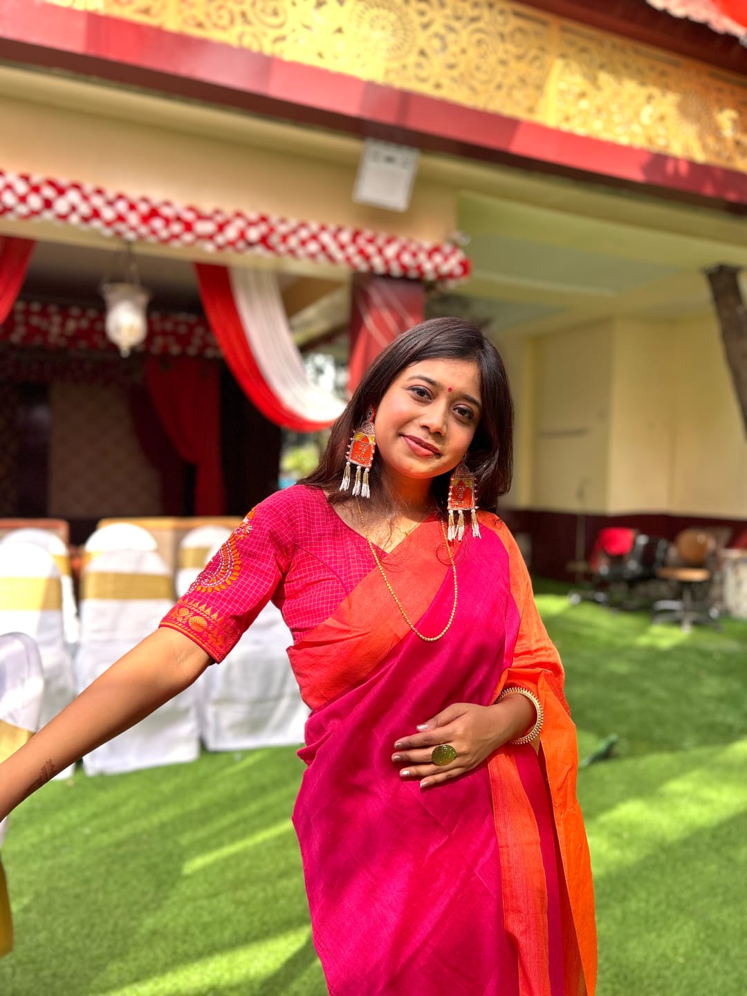 Customer photo review of Pink Orange Soft Cotton  Saree