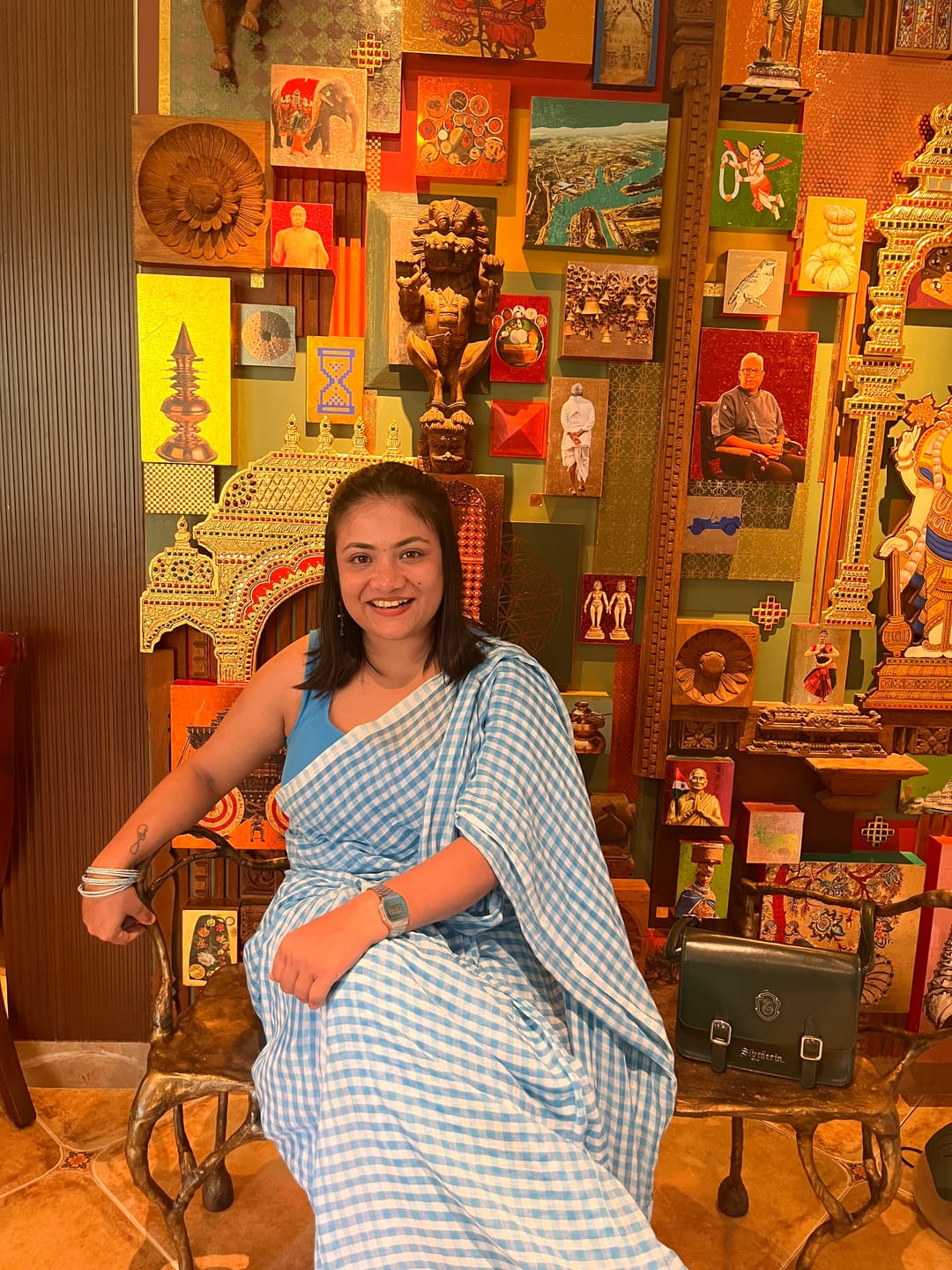 Customer photo review of Gingham Check Sky Blue Mulmul Cotton Saree