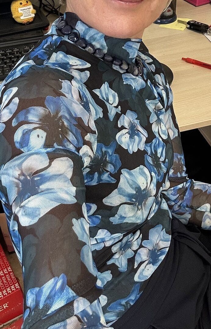 Customer photo review of Neyo Flower Mesh Top | Blue