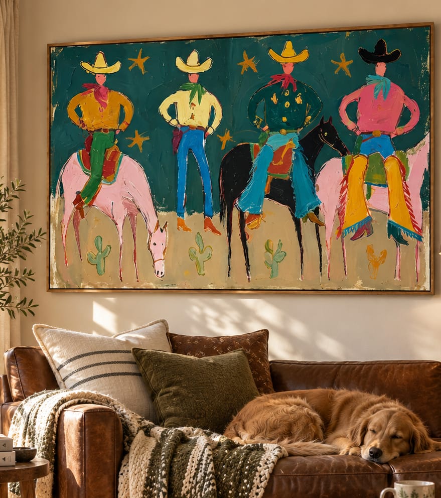 Customer photo review of Teal Rodeo-Four Cowboy Horse Folk Painting