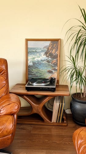 Customer photo review of Sculptural Y-Frame Record Player Stand with Vinyl Storage