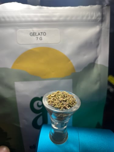 Customer's glass bowl filled with ground Gelato herb, positioned in front of the product packaging.
