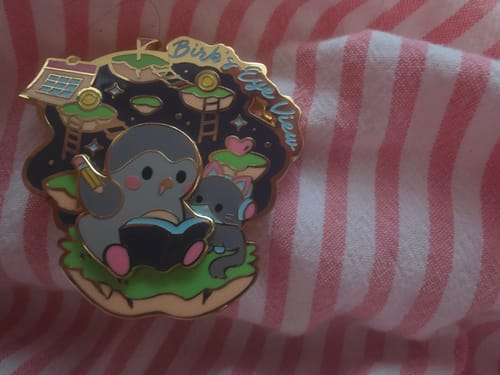 Customer's Birb's Eye View Pin featuring a cute bird reading a book, set against a striped fabric background.