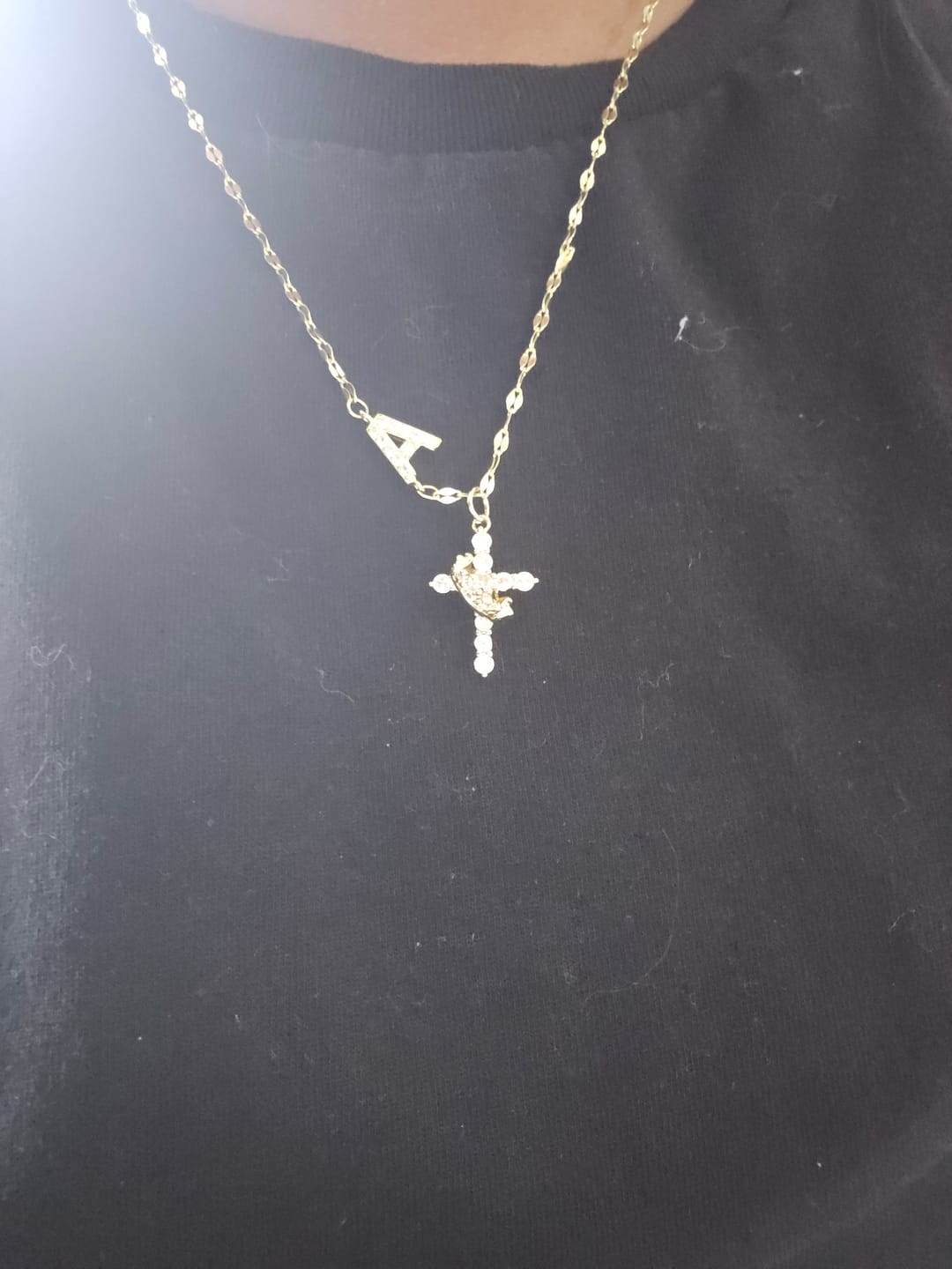 Customer photo review of FREE Today: Golden & Silver-Tone Personalized A-Z Initial Crown Cross Necklace: Custom Sacred Faith Monogram Pendant Jewelry