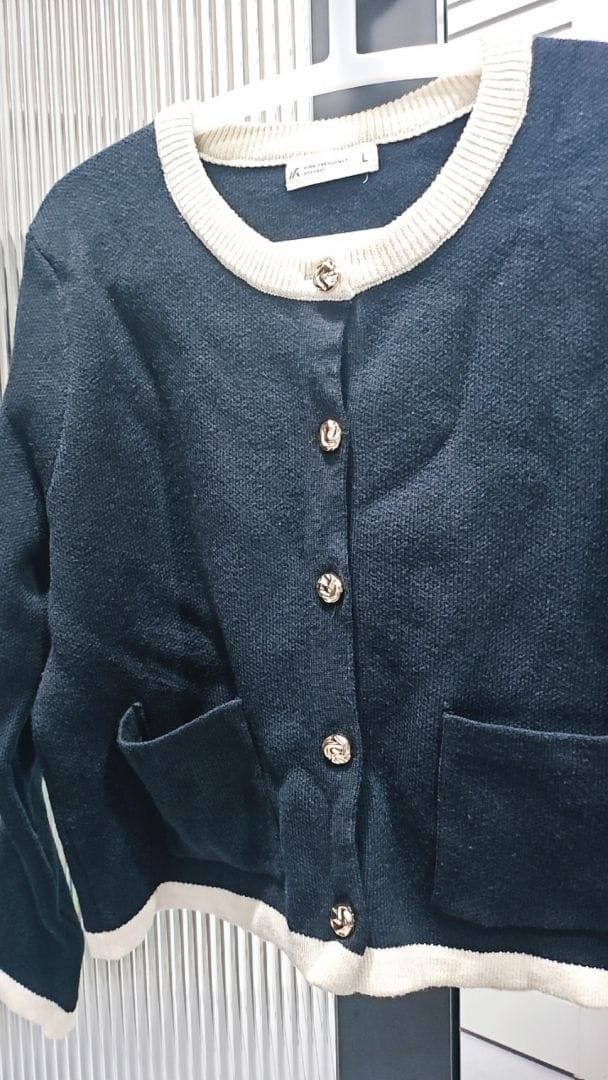 Customer photo review of Contrast-Trim Cardigan Jacket with Gold Buttons