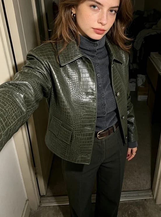Customer photo review of Svea Crocodile Embossed Leather Jacket