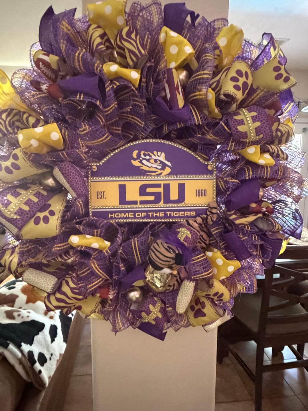 Customer photo review of 10"X10Yd Horizontal Wide Stripe Mesh Purple/Yellow RE8902WE