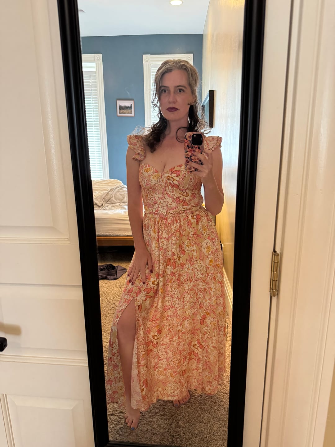 Customer photo review of Valeria Corset Ruffle Midi Dress – Sunset Floral