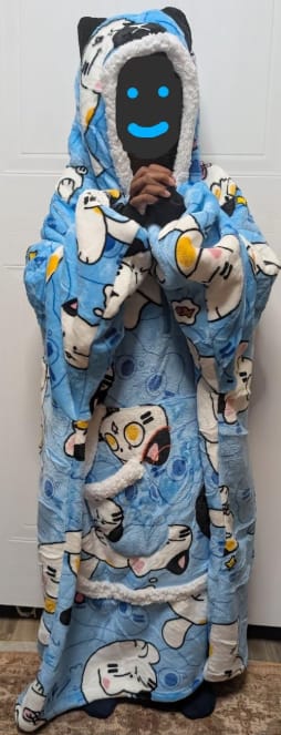 Customer photo review of OLAOLA Blue Cat Wearable Blanket Hoodie Animals Onesie Oversized Soft Homewear With Giant Pocket For Adult