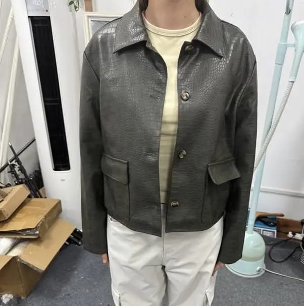 Customer photo review of Svea Crocodile Embossed Leather Jacket