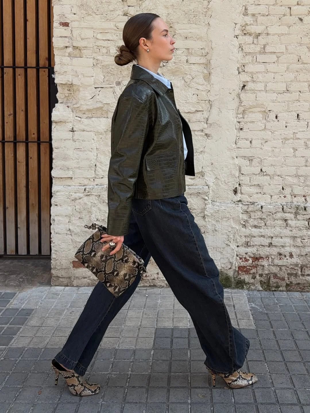 Customer photo review of Svea Crocodile Embossed Leather Jacket