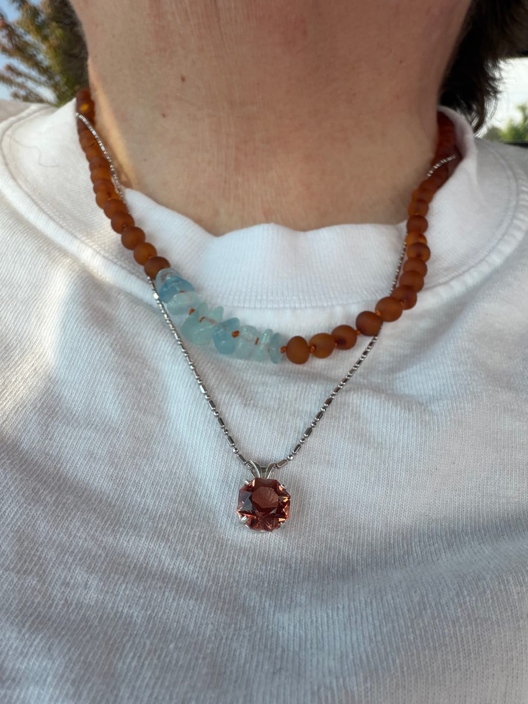 Customer photo review of Raw Cognac Baltic Amber + Aquamarine || Necklace