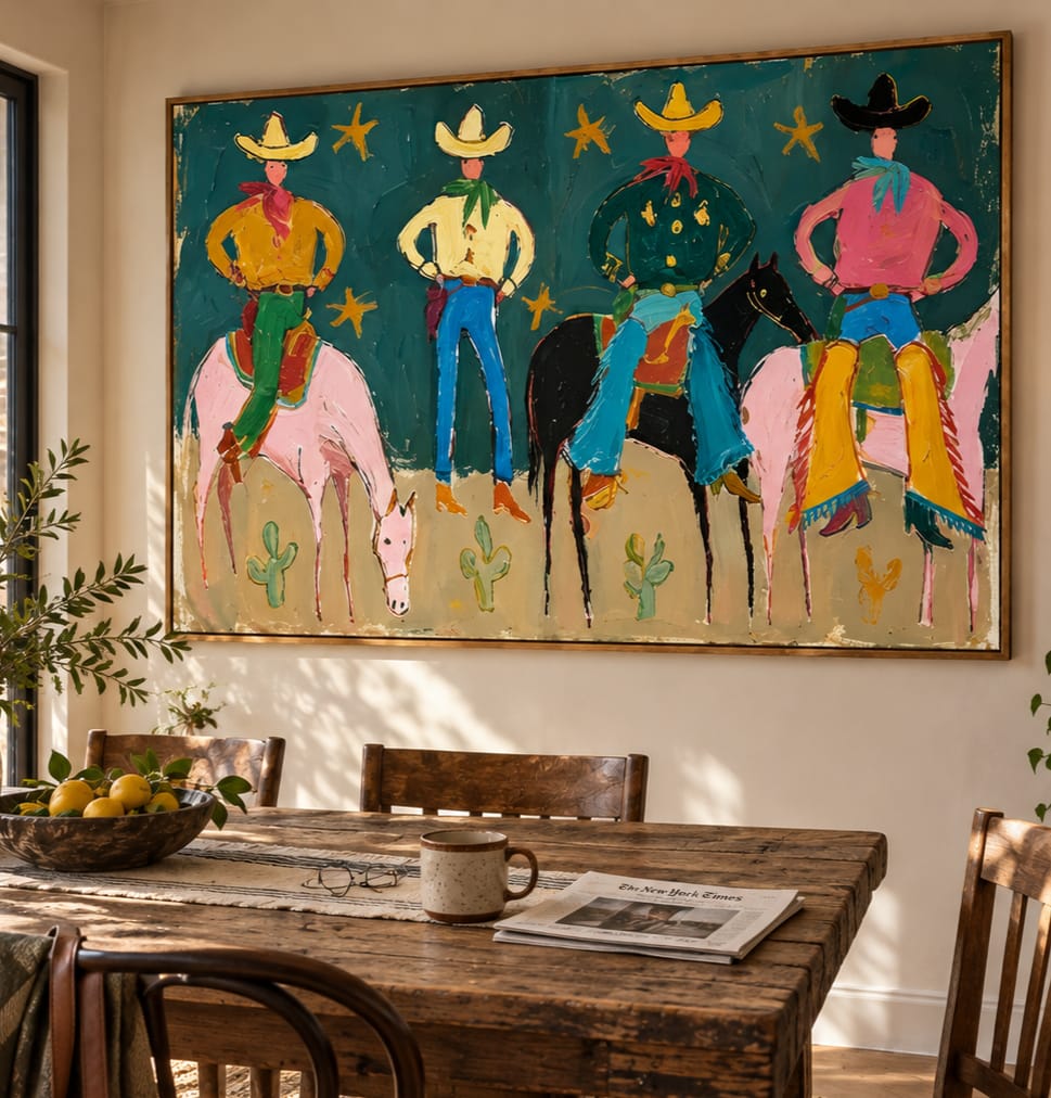 Customer photo review of Teal Rodeo-Four Cowboy Horse Folk Painting