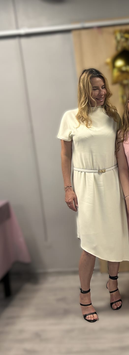 Customer photo review of Carmen Dress: Viscose Asymmetric Pleated Dress in off White