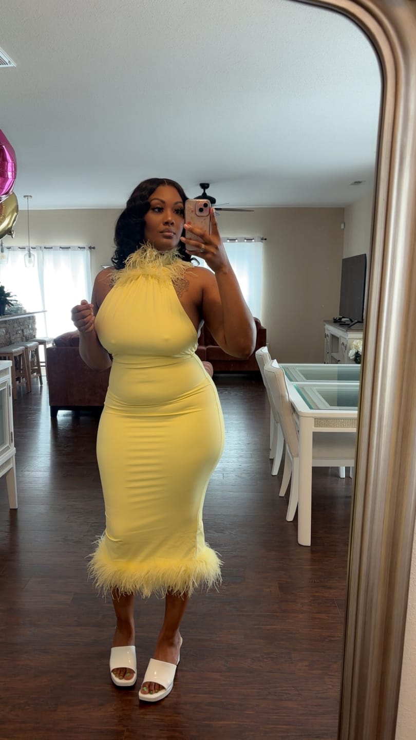 Customer photo review of Private Desire Feather Trim Midi Dress Yellow