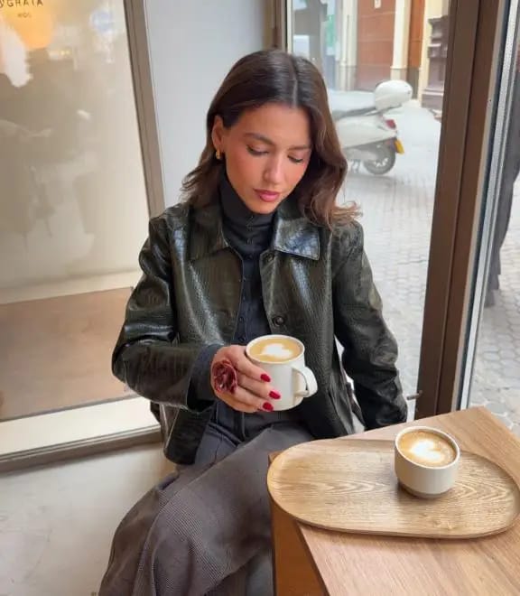 Customer photo review of Svea Crocodile Embossed Leather Jacket
