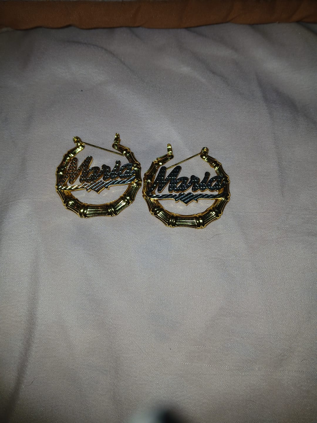 Customer photo review of Double Plated Bamboo Name Hoop Earrings