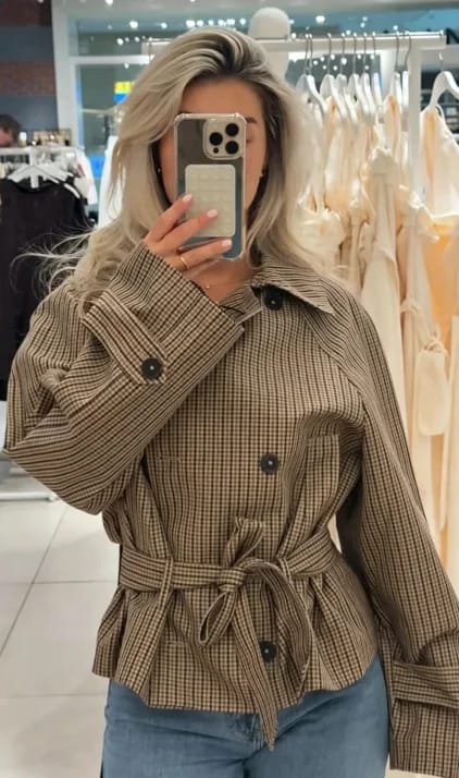 Customer photo review of Erica Plaid Belted Trench Coat