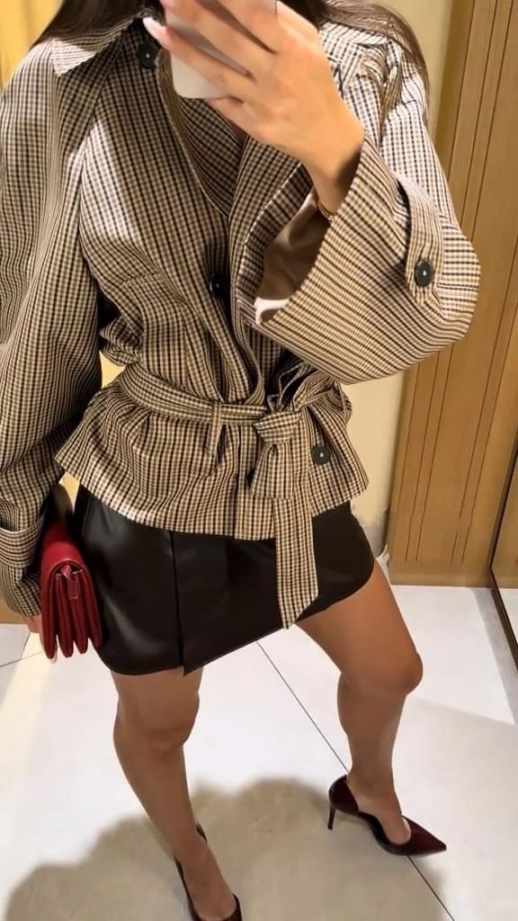 Customer photo review of Erica Plaid Belted Trench Coat