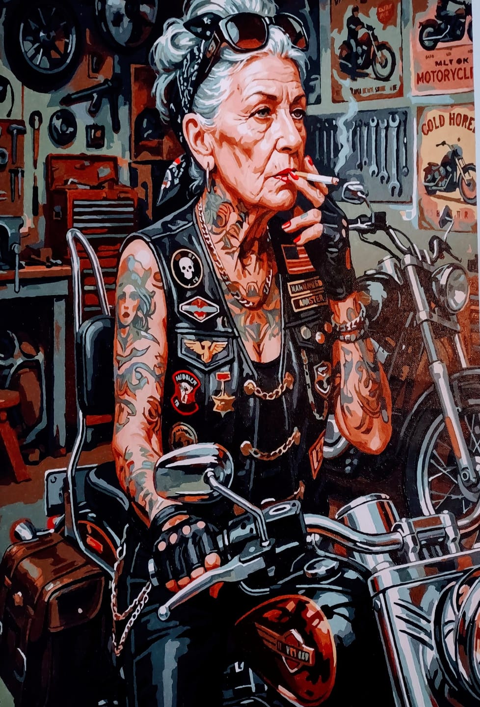 Customer photo review of Tattooed Biker Granny Garage (Paint by Numbers)