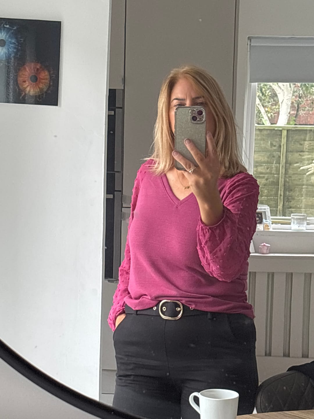 Customer photo review of Marlie Rose Wine Swiss Dot Sleeve Blouse