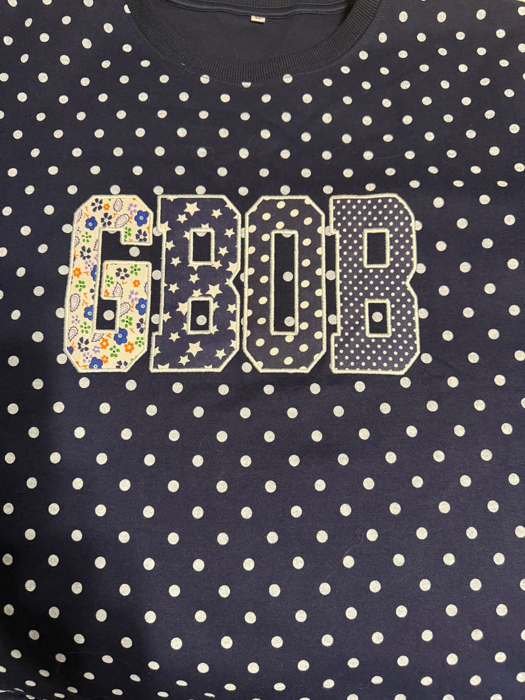 Customer photo review of Custom Patchwork Fabric Embroidered Polka Dot Sweatshirt Team and School Name Applique Varsity Letters | Game Day Wear