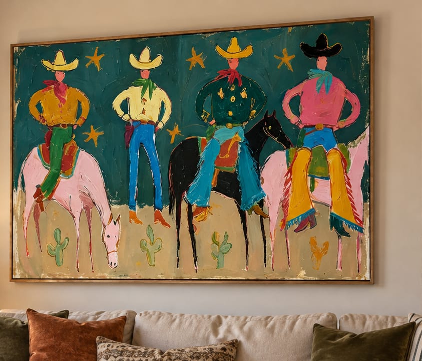 Customer photo review of Teal Rodeo-Four Cowboy Horse Folk Painting
