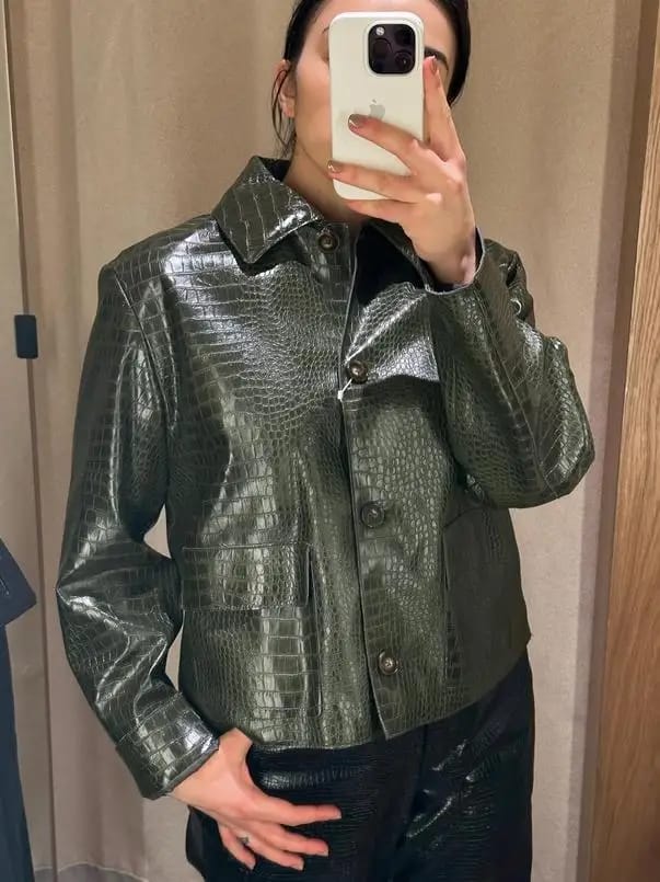 Customer photo review of Svea Crocodile Embossed Leather Jacket