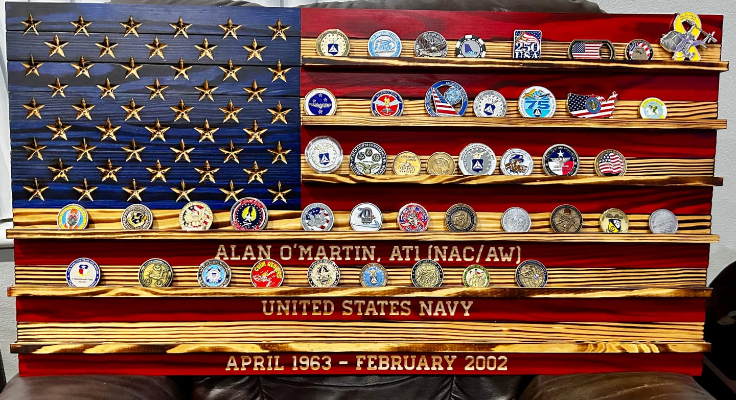Customer photo review of Challenge Coin Display Rack Holder - Rustic American Flag