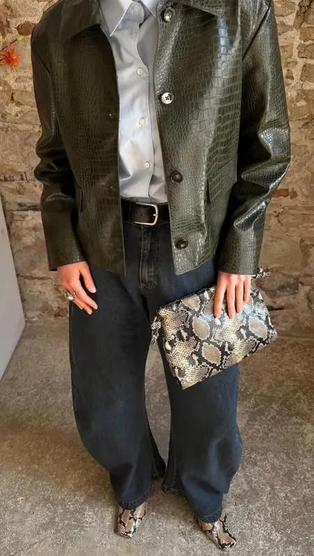 Customer photo review of Svea Crocodile Embossed Leather Jacket