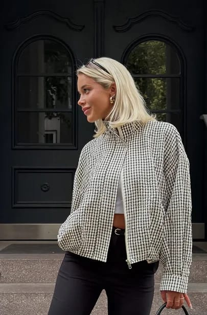 Customer photo review of Zoe Plaid Bomber Jacket