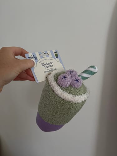 Customer's hand holding the fuzzy, matcha-themed Cinzia x By Teddy toy with product tag attached.