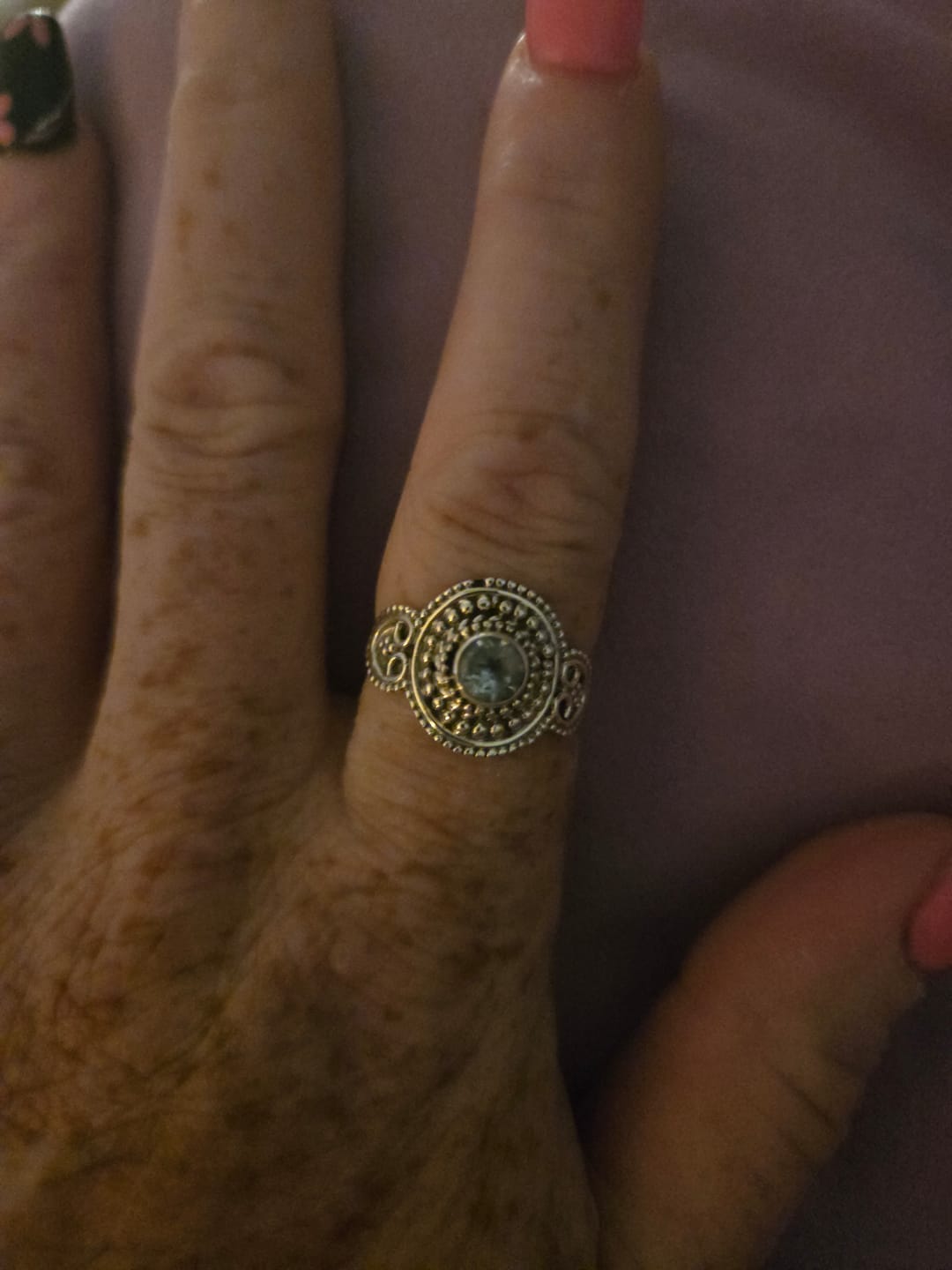 Customer photo review of Blue Topaz Filigree Ring Size 7.5 (.925 Sterling Silver)