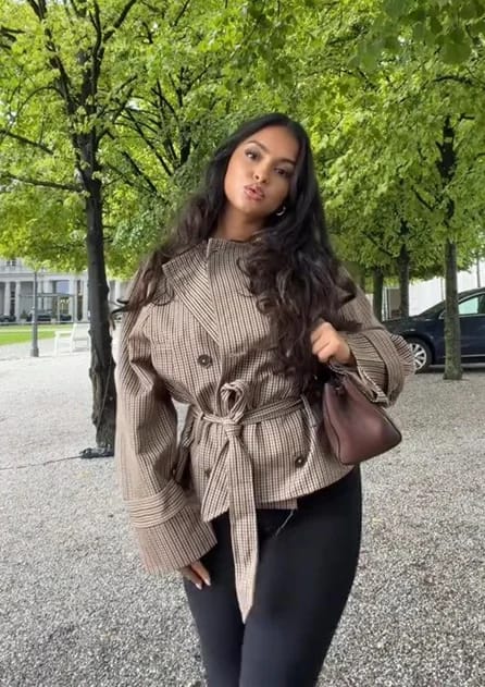 Customer photo review of Erica Plaid Belted Trench Coat