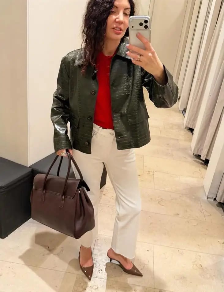 Customer photo review of Svea Crocodile Embossed Leather Jacket