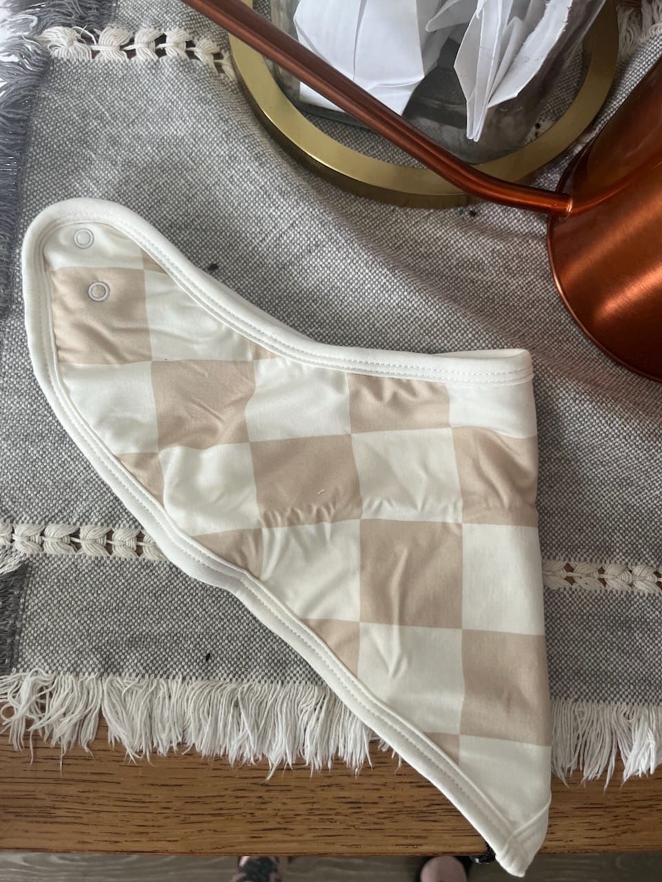 Customer photo review of Bamboo Bandana Bib in Salt + Sand Checkered