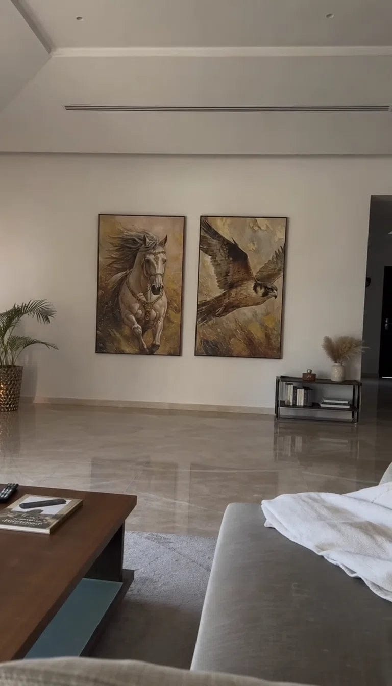 Customer photo review of Artura Paint | The Golden Horizon: Falcon & Arabian Horse  (Bespoke Gallery Diptych Set)