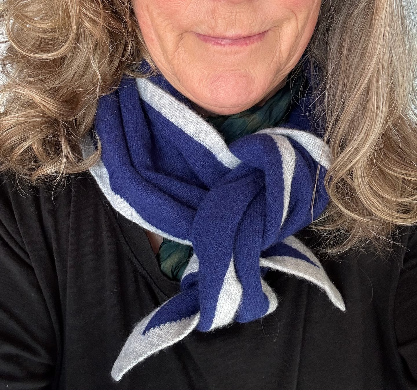 Customer photo review of Brand New Lapis Blue and Mist Recycled Cashmere Triangle Scarf