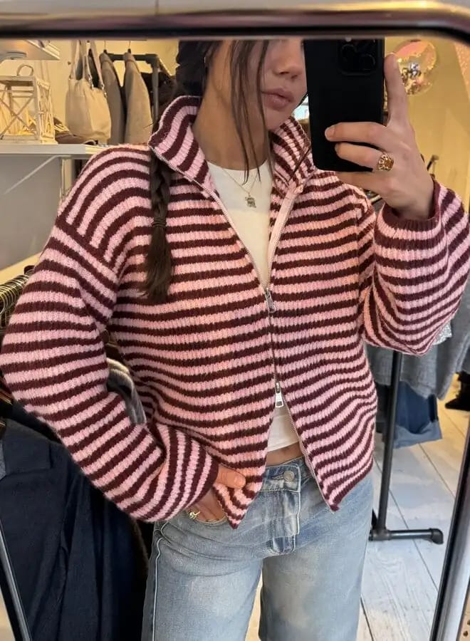 Customer photo review of Hanna Striped High-Neck Knit Sweater