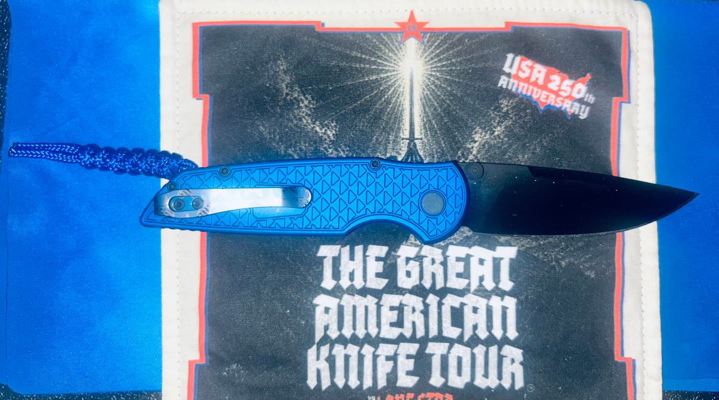 Customer photo review of Pro-Tech TR-3 Integrity Manual Knife - Relic Blue Aluminum, 3.5" DLC MagnaCut, Double Thumbstuds - Made in USA (INT1106-Blue)