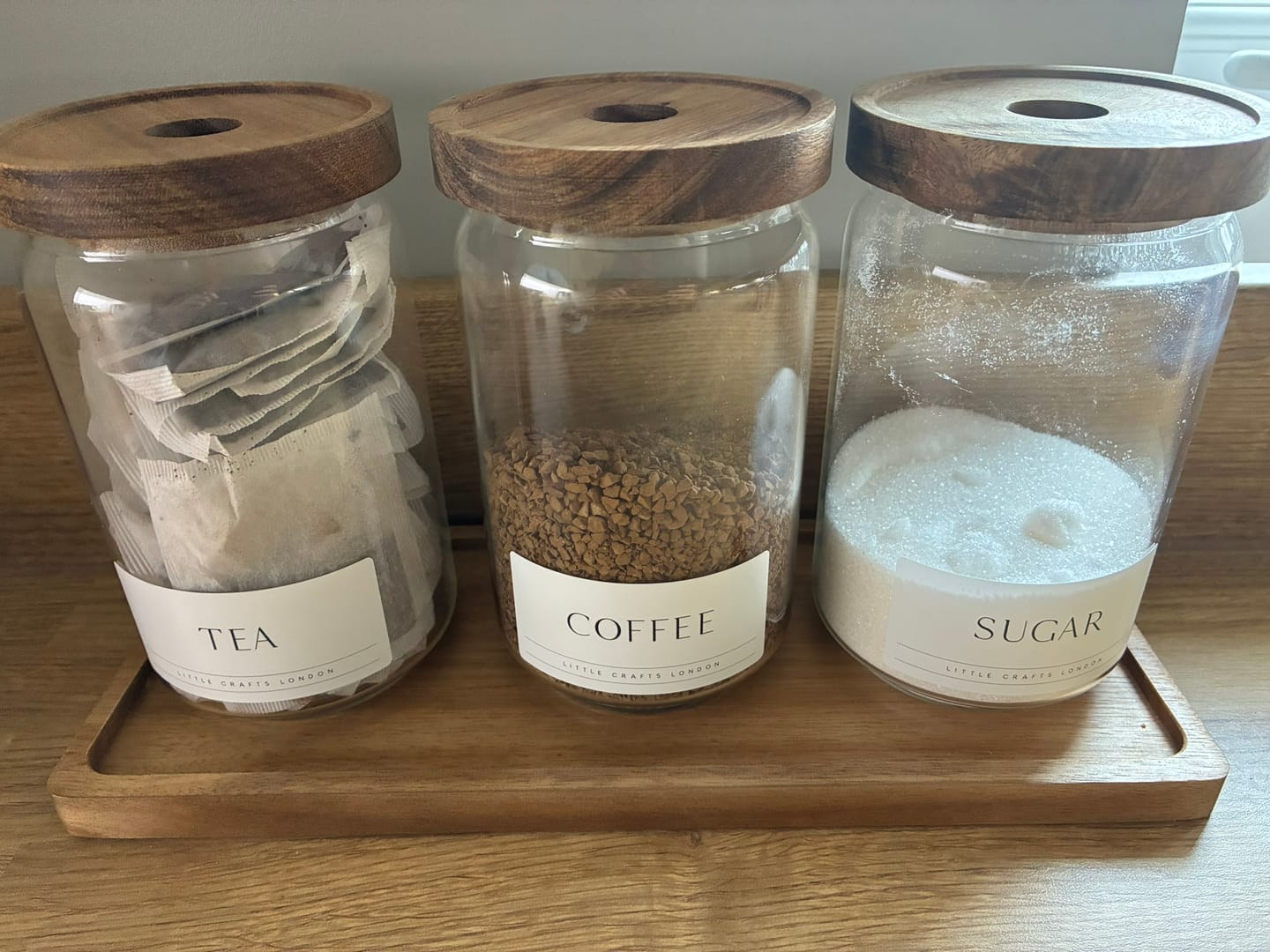 Customer photo review of Set of 3 Acacia Glass Jars Tea, Coffee and Sugar 750 ML & Rectangle Tray [LABEL SLIM]