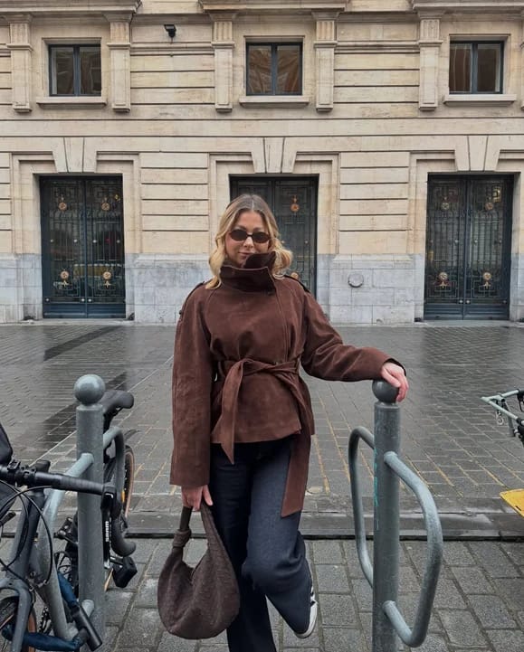 Customer photo review of Amanda Funnel Faux Suede Trench Coat
