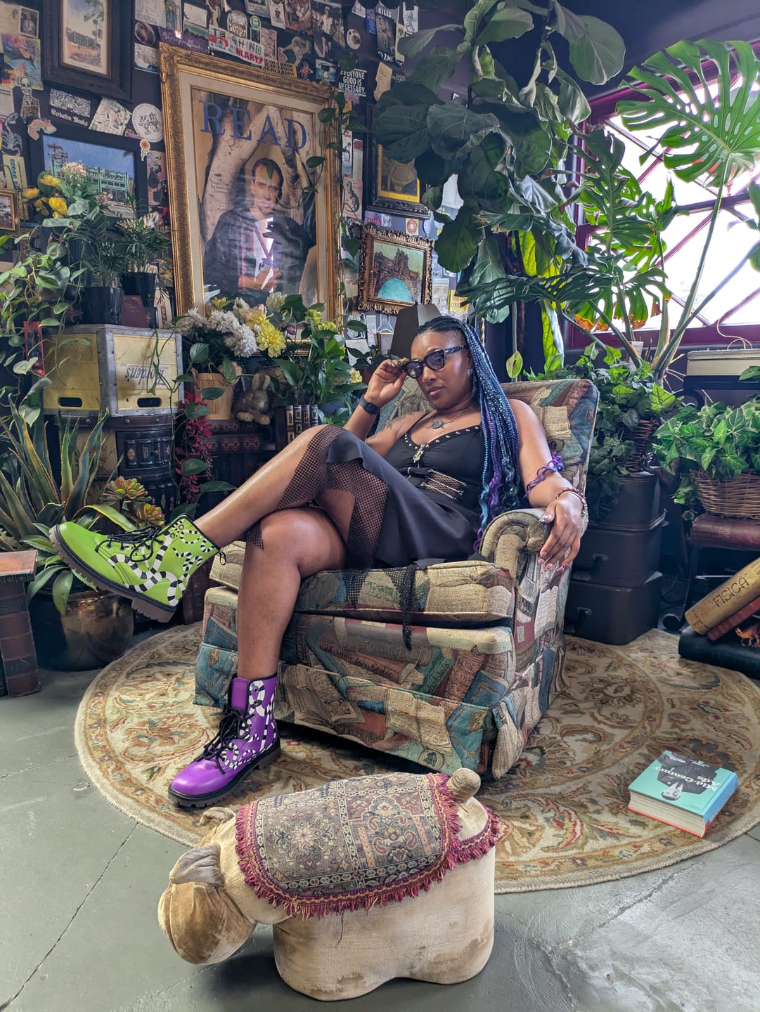 Customer photo review of Mismatched Green and Purple Vegan Leather Combat Boots With a Black and White Sandworm