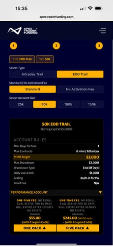 Reviewer's smartphone display showing Apex Trader Funding website with account settings for a 50K EOD Trail plan.