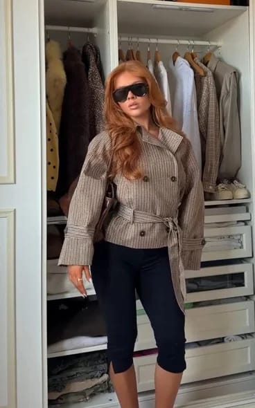 Customer photo review of Jasmin Plaid Funnel Collar Trench Coat